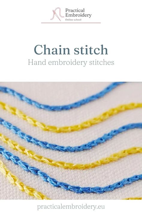 Learn how to embroider Chain stitch and what are the most common applications of this simple yet versatile hand embroidery stitch. Practical Embroidery, Tambour Stitch, Embroidery Stitches For Beginners, Surface Embroidery, Diy Embroidery Projects, Stitch Head, Basic Hand Embroidery Stitches, Simple Stitch, Embroidery Online