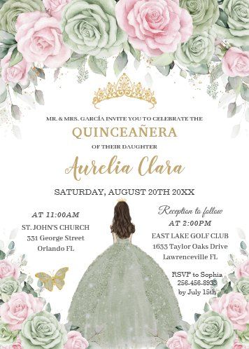 Invitación Rosas florales de Sage Green Princess Gold Quincea | Zazzle.com Butterfly Quince, Crown Butterfly, Butterfly Invitation, Sweet 16 Party Invitations, Quinceañera Invitation, Butterfly Invitations, Sage Green Floral, East Lake, Quinceanera Invitations