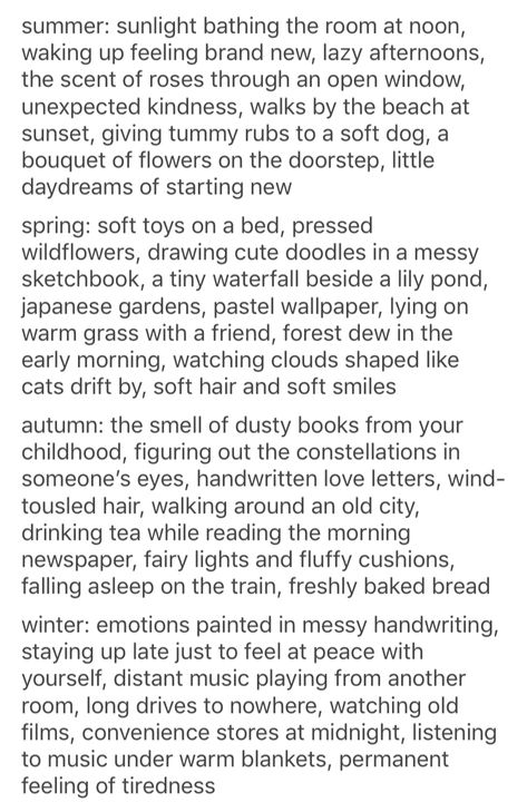 Summer and Spring sounds great, but someone could rewrite winter and fall . . Autumn Writing Aesthetic, Lonely Summer Ideas, Words To Describe Autumn, Describing Autumn, Winter As A Person, Tag Urself, Story Prompts, Types Of Girls, Book Writing Tips