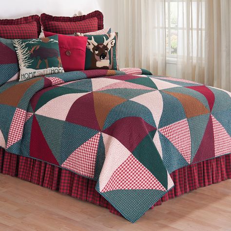 Sleep in cozy rustic style with this shady pines cotton quilt. Featuring a charming patchwork design of blue, red, green, pink, and brown colors, the quilt adds a splash of traditional nostalgic colors to blend into any decor. Details: Patchwork pattern Blue, red, green, pink, and brown colors 100-percent cotton Machine washable Dimensions: Twin: 66 inches wide x 86 inches long Full/Queen: 90 inches wide x 92 inches long King: 108 inches wide x 92 inches long The digital images we display have t Cabin Color Palette, Knitting Ring, Woodsy Cabin, Oversized Quilt, Cotton Quilt Set, Red Home Decor, Patchwork Quilt Patterns, Quilted Sham, Rustic Lodge