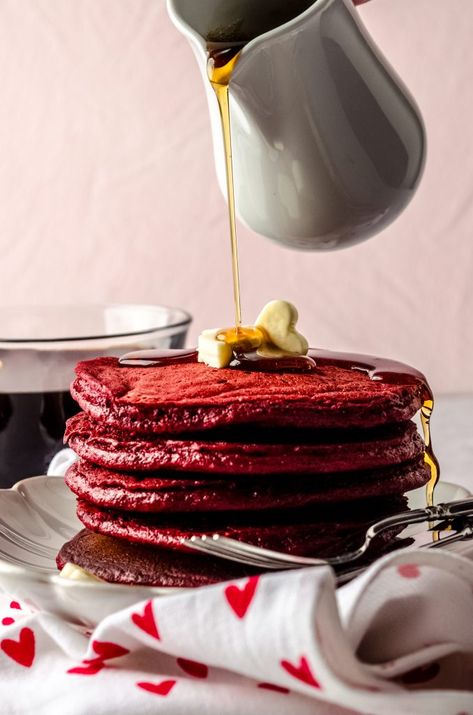 Valentines Day Breakfast Ideas, Red Velvet Pancake, Valentines Day Brunch, Valentines Day Breakfast, Cake Mix Pancakes, Cinnamon Streusel Coffee Cake, Cake Batter Dip, Red Velvet Pancakes, Light And Fluffy Pancakes