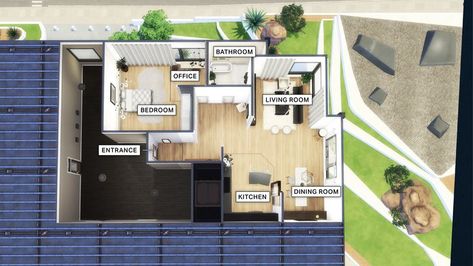 920 Medina Studios Sims 4 Floor Plan, 920 Medina Studios Sims 4 Layout, 920 Medina Studios Sims 4, Apartment Layouts, Flat Plan, Sims Inspiration, Studio Layout, Sims 4 Challenges, Sims Houses