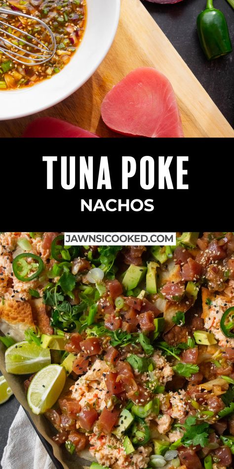 Tuna Poke Nachos, Poke Nachos Recipe, Spicy Crab Salad, Tailgate Snack, Tuna Poke Recipe, Poke Nachos, Spicy Crab Roll, Crockpot Party Food, Poke Salad