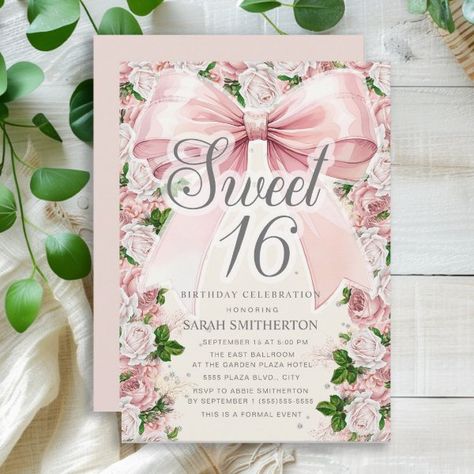 Pink Bow Coquette Floral Vintage Sweet 16 Invitation Vintage Sweet 16, Coquette Birthday, Pink Sweet 16, Modern Birthday Party, 16 Invitations, Coquette Floral, Happiest Birthday, Bow Coquette, Modern Birthday