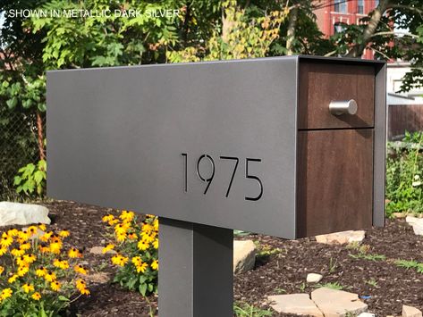 Custom Modern and Contemporary Post Mounted Aluminum and Ipe Mailbox With Through Cut Or Vinyl Address Numbers by TechniqueDesigns on Etsy https://www.etsy.com/listing/523491434/custom-modern-and-contemporary-post Modern Mailbox Post, Mid Century Mailbox, Mailbox Installation, Mid Century Modern Mailbox, Contemporary Mailboxes, Custom Mailboxes, Modern Mailbox, Mailbox Design, Ipe Wood