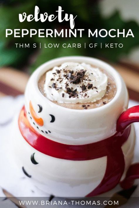 This creamy, froth-topped Velvety Peppermint Mocha is my sugar-free take on the Starbucks holiday favorite! I blended in some good ol’ Bulletproof-style fats to create one of my Velvety THM Deep S drinks! Trim Healthy Mama friendly, sugar free, low carb, keto, gluten free, egg free, dairy free option, nut free option  #brianathomas #velvety #hotdrink #singleserve #peppermint #mocha #starbucksmakeover #sugarfree #keto #lowcarb #glutenfree #eggfree #dairyfree #nutfree #holiday #Christmas Keto Peppermint Mocha, Holiday Coffee Drinks, Low Carb Sugar Free Recipes, Peppermint Mocha Recipe, Conscious Eating, Briana Thomas, Thm Drinks, Keto Coffee Recipe, Mocha Recipe