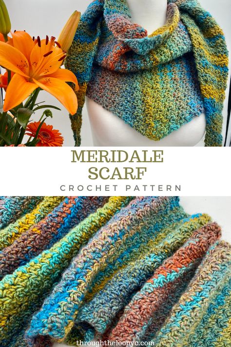 The Meridale Scarf is a one-cake make that work up quickly and easily! Made side-to-side this pattern is easy to adjust to be made larger or smaller. Triangle Scarf Crochet, Triangle Scarf Crochet Pattern, Crochet Triangle Scarf, Craft Crochet, Scarf Patterns, Yarn Craft, All Free Crochet, Afghan Crochet, Scarf Crochet