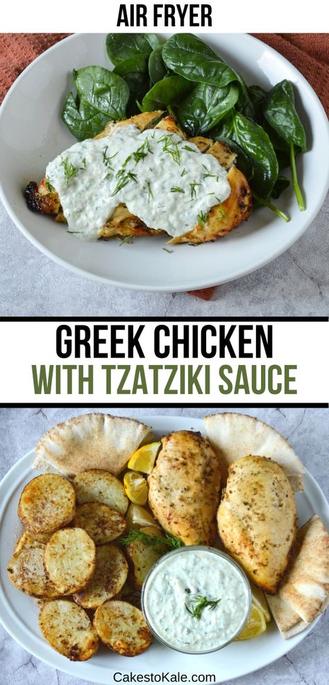 Easy greek chicken with tzatziki sauce.  This air fryer greek chicken recipe is delicious and healthy for you.  Try this healthy greek chicken recipe tonight. #greekchicken #airfryer #tzatziki Greek Chicken Recipes Air Fryer, Tzatziki Chicken Recipe, Air Fryer Low Cholesterol Recipes, Greek Yogurt Chicken Air Fryer, Mediterranean Diet Recipes Air Fryer, Airfryer Greek Chicken, Taziki Chicken Recipes, Chicken Tzatziki Recipes, Low Fat Dinner Recipes Gallbladder