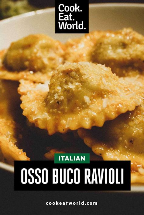 Succulent, mouthwatering veal (or beef) osso buco wrapped in tender pasta is the things dreams are made of. Get the recipe for this astounding Italian classic. #ravioli #classicitalian #stuffedpasta #ossobuco Veal Osso Bucco, Ginger Scallion Sauce, Ravioli Sauce, Veal Recipes, Osso Bucco, Breakfast Appetizers, Ravioli Recipe, Cocktail Desserts, Salad Side Dishes