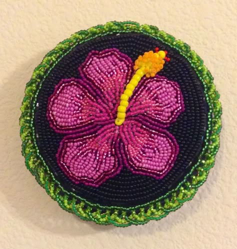 I created a hibiscus pattern and beaded it. Given as a thank you gift. ~Beaded by Heather Simmons, Alaska Beaded Hibiscus Flower, Embroidery Hibiscus, Bead Embroidery Flower, Hibiscus Flower Embroidery, Artsy Boy, Hibiscus Pattern, Beaded Shirt, Beadwork Embroidery, Bead Embroidery Patterns