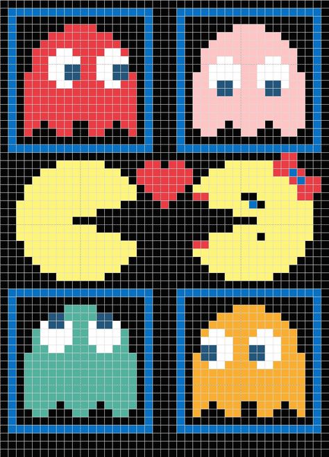 I got a few requests for my pac-man pillow chart so I decided to post it. The pillow was done using Tunisian crochet. If you look at my earlier post my first ravelry swap you can find out all about... Man Pillow, Art Perle, Pixel Crochet, Pixel Art Grid, Pola Kristik, Pola Sulam, Pixel Pattern, Pixel Art Pattern, Perler Patterns