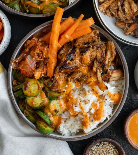 20-Minute Korean BBQ Chicken with Leftover Rotisserie Chicken Protein Rice Bowls, Cucumber Salad Creamy, High Protein Rice, Kimchi Sauce, Rotisserie Chicken Recipes Leftover, Protein Rice, Rotisserie Chicken Tacos, Korean Bbq Chicken, Korean Bbq Sauce