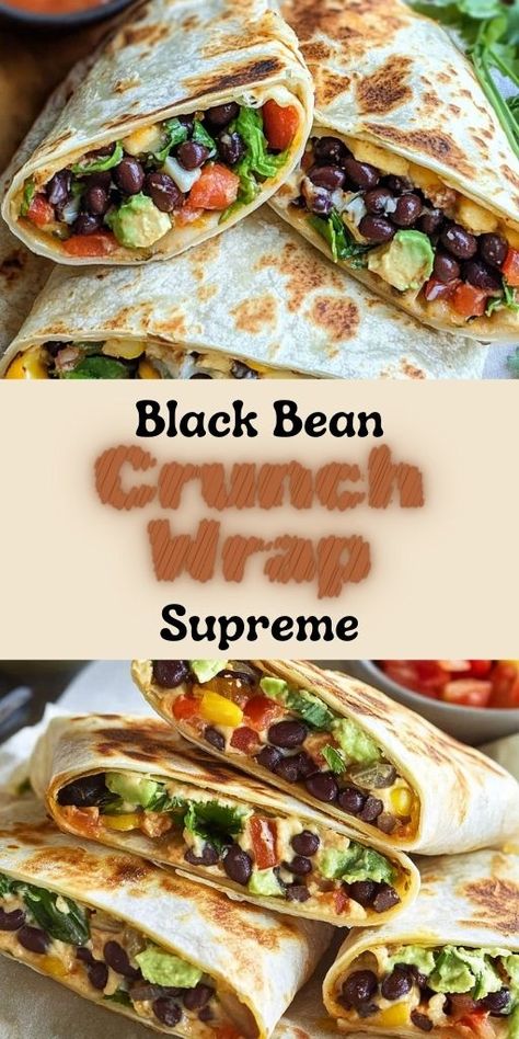 This Black Bean Crunch Wrap Supreme is a delightful fusion of textures and flavors! 🌮✨ With a crispy tortilla, creamy black beans, fresh veggies, and melted cheese, this wrap offers a satisfying crunch in every bite. It’s perfect for a quick lunch or dinner, packed with flavor and easy to make.  📌 Save this pin to create a delicious Black Bean Crunch Wrap Supreme for your next meal! #CrunchWrapSupreme #BlackBeanRecipes #QuickMeals #EasyLunchIdeas #MexicanInspired #CrunchyAndDelicious Bean Crunch Wrap Supreme, Black Bean Crunch Wrap, Crunch Wrap Supreme Recipe, Crunch Wrap, Black Bean Recipes, Quick Lunch, Quick Lunches, Recipe Healthy, Easy Lunches