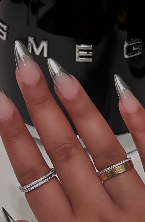 Metallic Coffin Acrylic Nails, Coffin Silver Nails, Almond Nails Chrome Tip, Silver Tip Almond Nails, Dark Silver Chrome Nails, Silver Chrome Almond Nails, Silver French Tip Nails Almond, Chrome Almond Nails Designs, Silver Almond Acrylic Nails