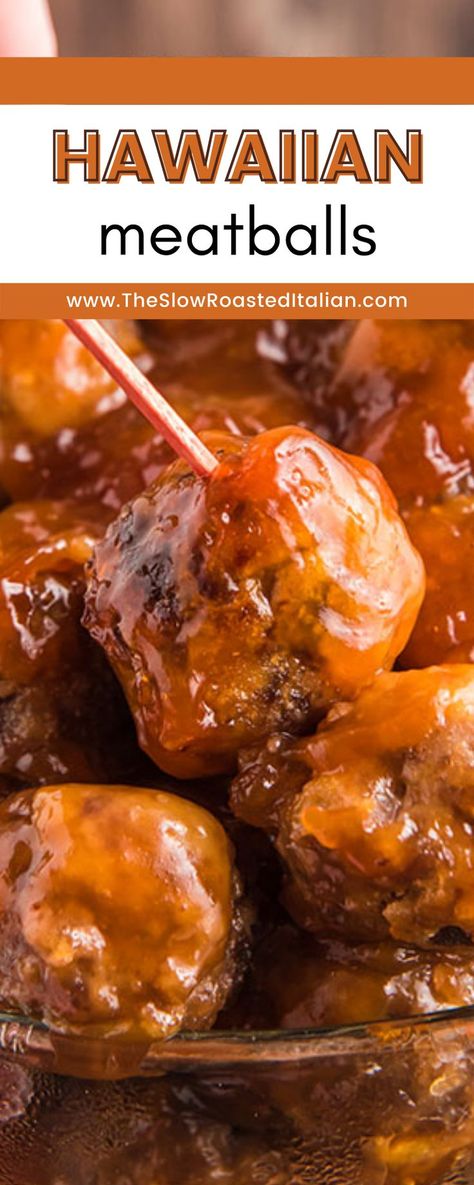 Hawaiian Meatballs capture all the best flavors of the Islands with lightly seasoned beef and a tangy pineapple glaze. The secret to these sweet and sour meatballs is the deliciously sticky sauce. Not only is it soaked into every bite, but it creates a glossy coating that lets these beauties shine! Bbq Meatballs Grape Jelly Chili Sauce, Sweet Meatball Sauce, Pineapple Sweet And Sour Sauce Hawaiian Meatballs, Pineapple Sauce For Meatballs, Sweet Sauce For Meatballs, Hawaiian Meatballs Stovetop, Sweet Ans Sour Meatballs Easy, Sweet Sour Meatballs Pineapple, Italian Meatball Appetizers For Party