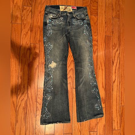 Limited Edition, Custom-Made By 7 For All Mankind, Blue Crystal Jeans. Beautiful!!! Never Worn. You Will Never See Another Pair Like These. 2000s Brands, 00s Jeans, Crystal Jeans, Thrift Manifestation, Memorial Board, Jean Designs, Fire Clothes, Hot Mommy, 2000s Clothes