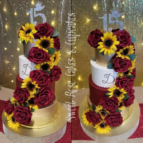 Sunflower and Roses quinceanera cake. All buttercream Rose And Sunflower Quinceanera, Sunflower And Roses Quinceanera Theme, Sunflower And Red Roses Centerpieces, Wedding Cake Sunflower And Roses, Sunflower Rose Wedding Cake, Sunflower And Roses Wedding Cake, Fall Quinceanera Themes, Sunflower And Rose Wedding Cake, Sunflower Quinceanera Theme