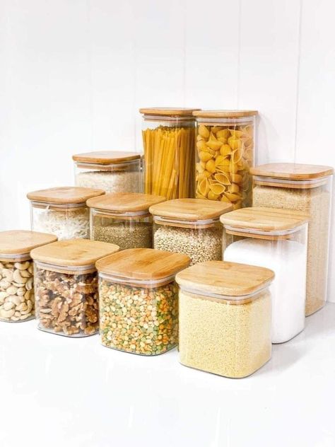 Bamboo containers/ glass containers Bamboo Containers, Bamboo Food, Square Glass Jars, Glass Pantry, Pantry Containers, Bamboo Storage, Kitchen Canister Set, Glass Food Storage, Glass Food Storage Containers