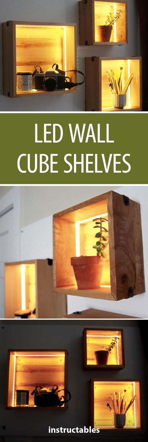 These LED wall cube shelves would be great to display any objects you might want to highlight, or as a simple lighting fixture. #LED #lighting #storage #organization Diy Led Furniture, Diy Backlit Wall Art, Wall Light Diy, Led Shelves, Led Shelf Lighting, Led Shelf, Diy Led Lighting Ideas, Wall Cubes, Led Lighting Diy