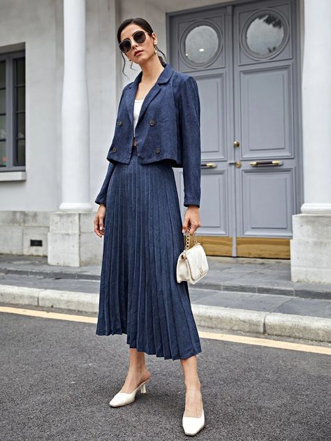 Corduroy Double Breasted Crop Blazer & Pleated Long Skirt | SHEIN USA Blazer With Dress Outfit, Blazer Over Dress, Blazer And Skirt Outfits, Long Blazer Outfit, Crop Blazer Outfit, Long Skirt Suits, Korea Dress, Flare Maxi Skirt, Long Skirt Fashion