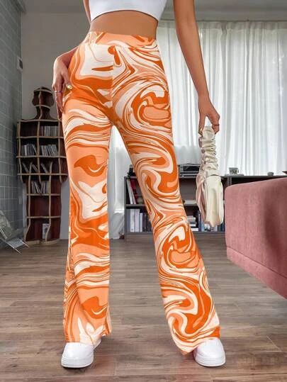 Flare Leg Trousers, Orange Marble, Trouser Outfit, Outfit Halloween, Flared Leggings, Disco Outfit, Flare Leg Pants, Marble Print, Women Pants