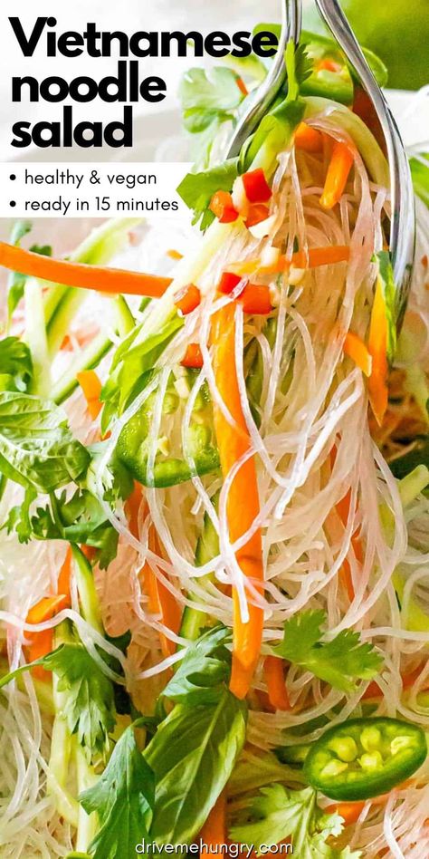 This Vietnamese noodle salad is made with vermicelli rice noodles, fresh herbs and vegetables! It’s tossed with a delicious tangy and savory Vietnamese dressing and can be served cold! #noodlesalad #vietnamesenoodlesalad #asiannoodlesalad #asianrecipes #drivemehungry | drivemehungry.com Vietnamese Dressing, Vermicelli Rice Noodles, Spicy Asian Noodles, Vietnamese Noodle Salad, Vermicelli Rice, Noodle Salad Cold, Asian Noodle Salad, Vietnamese Noodles, Vegan Noodles