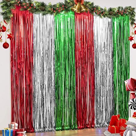 Christmas Party Backdrop, Fringe Curtains, Christmas Party Photo, Green Tinsel, Grinch Christmas Party, Adult Christmas Party, Streamer Backdrop, Work Christmas Party, Grinch Party