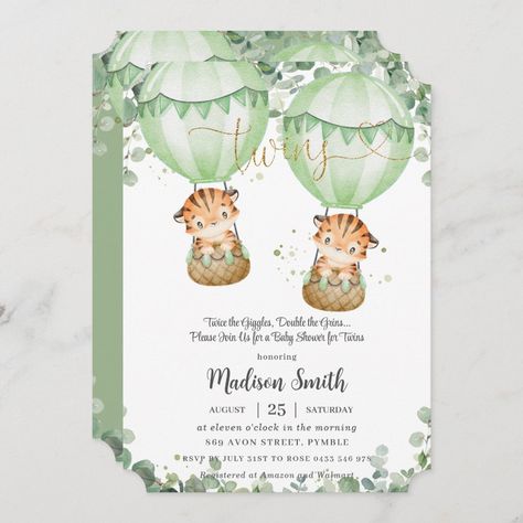 Twin Baby Shower Theme, Baby Tigers, Twins Baby Shower Invitations, Chic Invitation, Twins Birthday, Gender Neutral Baby Shower Invitations, Jungle Baby Shower Theme, Cute Tiger, Watercolor Eucalyptus