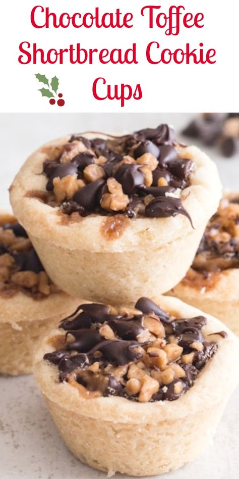 These bite size Cookie Cups are the perfect Holiday sweet treat. A melt in your mouth shortbread filled with mini chocolate chips and toffee bits. So good you can never stop a one! Shortbread Cookie Cups, Chocolate Toffee Shortbread Cookies, Mini Muffin Tin Cookie Recipes, Mini Cookie Cups Recipe, Oatmeal Cookie Cups, Christmas Shortbread Cookie Bites, Christmas Mini Desserts, Mini Cookie Cups, Toffee Shortbread