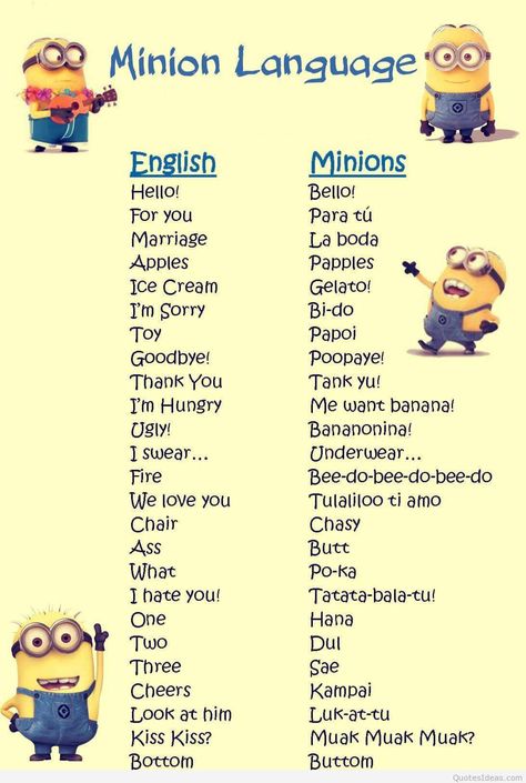 Minion Language, Banana Language, Minion Words, Funny Minion Pictures, Funny Minion Memes, Minion Pictures, Minion Jokes, Minions Wallpaper, Minion Quotes