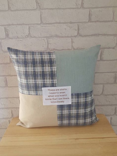 "Our memory cushions are the perfect way to remember a loved one who has passed whether it be your husband, wife, grandparents, siblings or friends. They make lovely memorial gifts also. We ask you to provide us with 2,3 or 4 items of clothing for each patchwork cushion you would like and we always try our best to use as much of the top/shirt/dress etc.. as possible including all parts with details. If you send 2 items the cushion will be half one and half the other. Any more will be 4 squares. Memory Tshirt Pillow, Old Clothes Memory Ideas, Memorial Pillows From Shirts, Memorial Clothing Keepsake, Memory Crafts From Clothes, Memory Ornaments, Memory Pillow From Shirt, Memory Clothes, Cricut Clothes