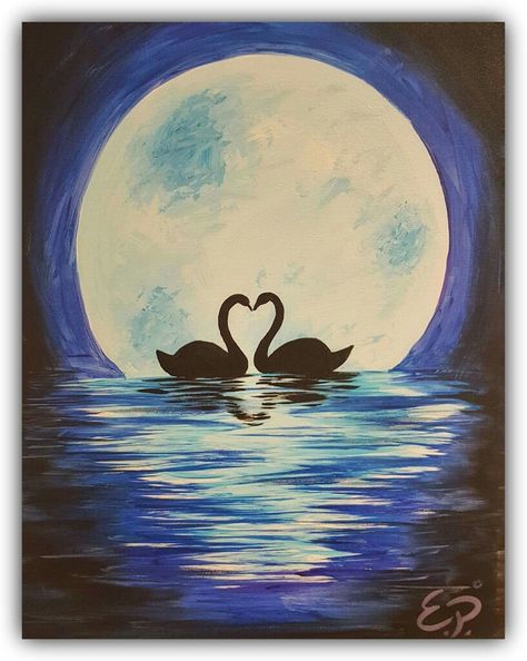 Swan Love Painting, Swan Silhouette Art, Simple Art Painting Ideas Easy, Two Swans Painting, Swan Painting Easy, Swan Lake Drawing, Swan Drawings, Swans Drawing, Swan Lake Painting