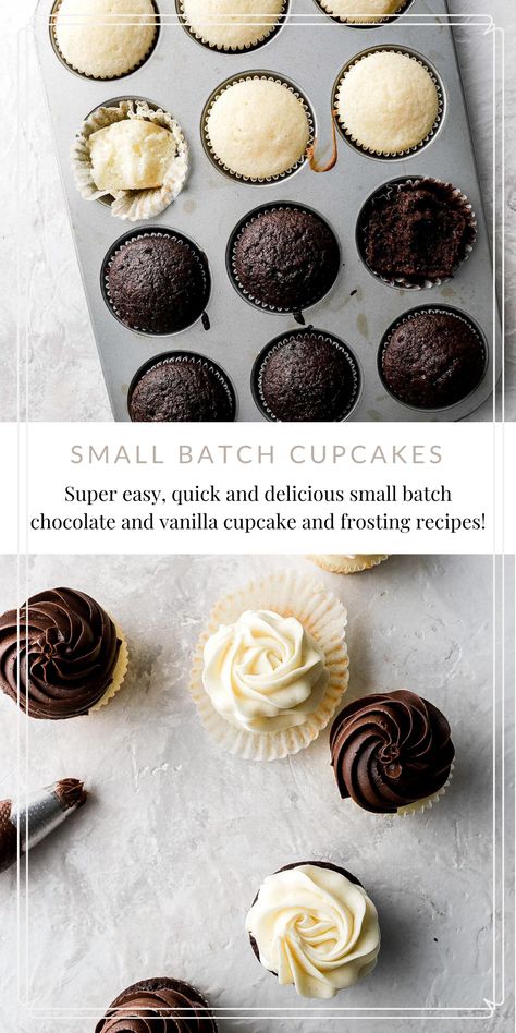 Small Batch Vanilla Frosting, Vanilla Cupcakes Chocolate Frosting, Small Batch Chocolate Cupcakes 12, 6 Chocolate Cupcakes, Chocolate Vanilla Cupcakes, Vanilla Cupcake Ideas, Pretty Birthday Cupcakes, Chocolate Cupcakes Small Batch, Cupcake Recipes Small Batch