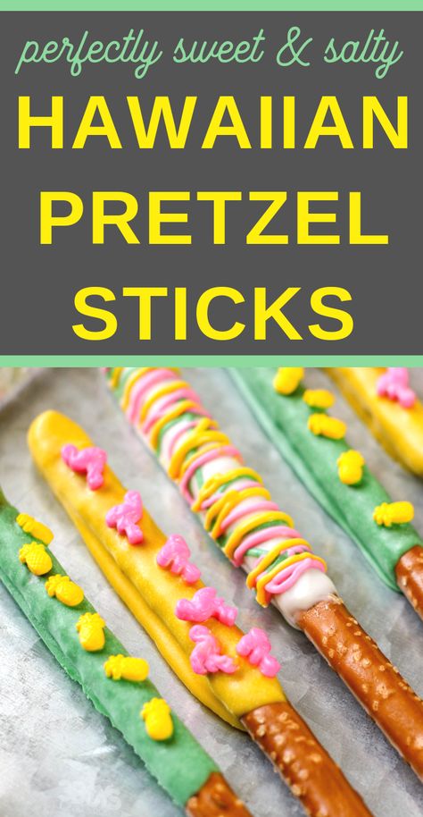 These Luau Pretzel Rods are so simple and easy to make! Not only are they delicious, but they're something everyone can create on their own! Dipping pretzel rods in chocolate is so simple and easy to do! #pretzelrods #dessertpretzels #hawaiian #sweetandsalty #3boysandadog Dipping Pretzel Rods, Hawaiian Ideas, Hawaiian Pork, Dipped Pretzel Rods, Chocolate Dipped Pretzels, Pretzels Recipe, Pretzel Rods, Pretzel Sticks, Luau Theme