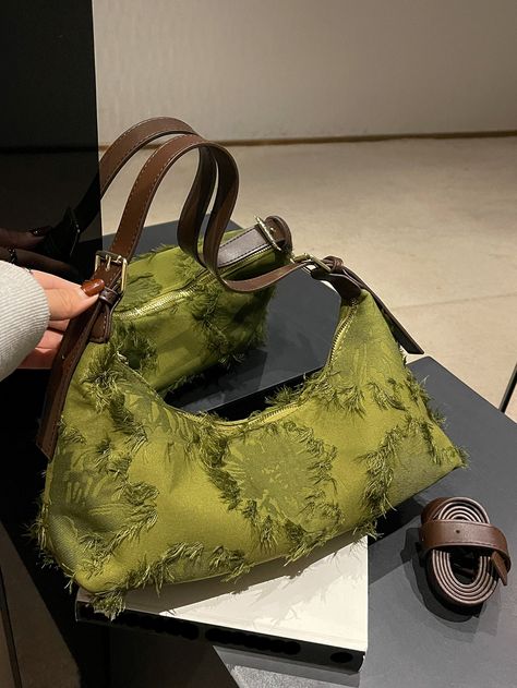 Green Fashionable Collar  Polyamide Plain Baguette Bag Embellished   Women Bags What's In My Purse, Jeweled Bag, Green Purse, Bag With Chain, Vintage Shoulder Bag, Fashion Portfolio, Bags Aesthetic, Baguette Bag, Hem Design