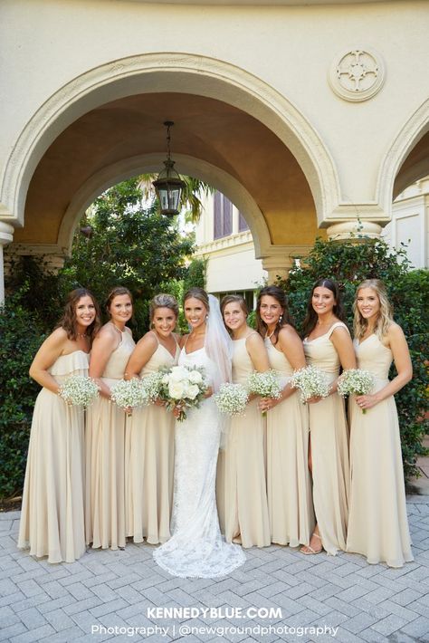 Champagne is a gorgeous neutral color for a classic wedding look. Discover more champagne bridesmaid dresses that you'll love for your bridal party! Champagne Colored Bridesmaid Dresses, Beige Bridesmaids, Yellow Champagne, Yellow Bridesmaid, Bright Wedding Colors, Neutral Bridesmaid Dresses, Gorgeous Bridesmaid Dresses, Blue Champagne, Modern Bridesmaid