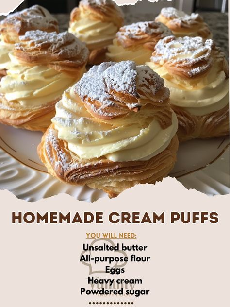 🍥🍰 Treat yourself to Homemade Cream Puffs! Light, airy, and filled with sweet cream. #DessertHeaven #CreamPuffs Homemade Cream Puffs Recipe Delight in these classic pastries with a light choux dough and a creamy filling for a luxurious treat. Ingredients: For the choux pastry: Water: 240ml Unsalted butter: 115g All-purpose flour: 125g Eggs: 4 For the cream filling: Heavy cream: 480ml Powdered sugar: 50g Vanilla extract: 5ml Powdered sugar for dusting: 30g Directions: Make Choux Pastry: P... Italian Patisserie, Coffee Cream Puffs, Canadian Treats, Classic Pastries, Key Lime Cookie Recipe, Easy Eclairs, Cream Puff Pastry, Homemade Cream Puffs, Cream Puffs Recipe