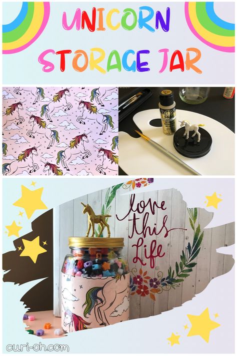 By combining a glass jar, plastic toy, and wrapping paper covered with unicorns with some basic crafting supplies, I created a magical storage container for my star-shaped pony beads. Plastic Toys, Paper Cover, Pony Beads, Storage Jars, Storage Containers, Star Shape, Wrapping Paper, Glass Jars, Craft Projects