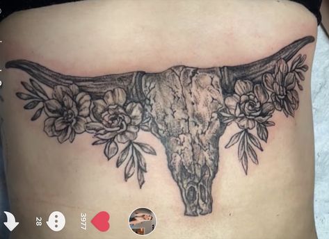 Longhorn Tattoos For Women, Unquie Tattoo Ideas For Women, Longhorn Flower Tattoo, Longhorn Sternum Tattoo, Longhorn Skull Tattoo Women, Western Sternum Tattoo, Longhorn Tattoo, Tattoo Crystal, Cow Skull Tattoos