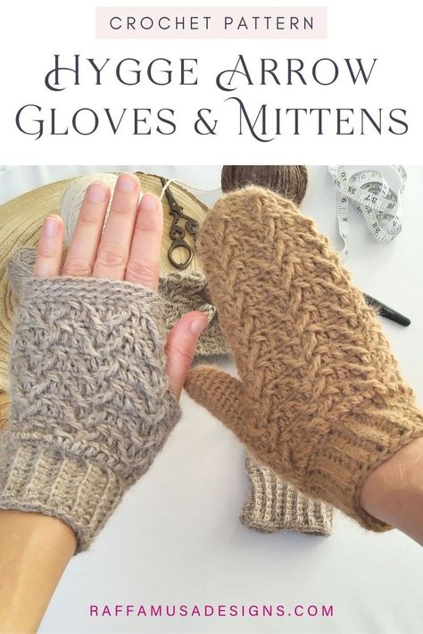 a pair of textured crochet gloves showcased both as fingerless gloves and as mittens Crochet Winter Mittens, Crochet Hat Scarf Gloves Set Free Pattern, Crochet Fingerless Gloves Free Pattern Easy, Alpaca Yarn Crochet Patterns, Crochet Winter Projects, Crochet Hygge, Hygge Crochet, Crochet Fingerless Mittens, Crochet Gloves Free Pattern