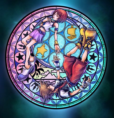 Kingdom Hearts Glass Art, Stained Glass Kingdom Hearts, Kairi Kingdom Hearts Pfp, Kingdom Hearts Sora And Kairi, Kingdom Hearts Official Art, Disney Stained Glass Art, Wayfinder Kingdom Hearts, Sora Kairi, Kingdom Hearts Tattoo