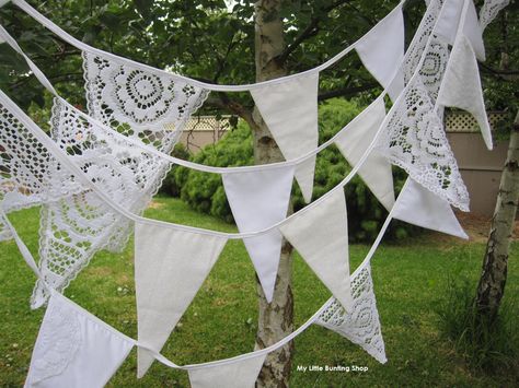 My Little Bunting Shop-beautiful hand made wedding bunting. Each bunting is unique, but in keeping with this white/cream/lace theme. Cutsom made for you :) Wedding Bunting Ideas, Denim Baby Shower, Bunting Ideas, Lace Bunting, Wedding Bunting, Denim Baby, Bird Houses Diy, Crafts Workshop, Handmade Wedding