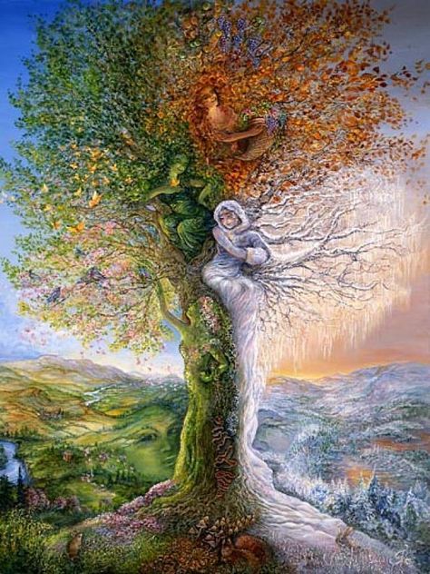 Each of the four seasons is depicted in this special tree.  Spring showing the rebirth of life with fresh new leaves and petals, which will eventually scatter in the breeze spreading the seeds of new life.  Summer sees butterflies enjoying the warmth of the sun on their wings, and enjoying the freedom of flight.  Autumn dressed in her russet leaves heralds harvest time, and prepares for the onset of winter.  Winter with its icy frosts completes the cycle of life. Boom Kunst, Stitch People, Josephine Wall, Diamond Mosaic, Diamond Embroidery, Embroidery Cross, Arte Fantasy, Alam Yang Indah, Tree Art