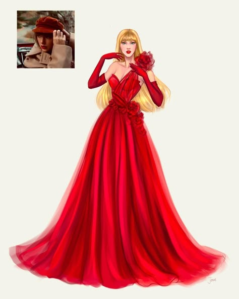 Taylor Swift Inspired Dresses, Taylor Swift Red Dress, Concert Taylor Swift, Taylor Swift Dress, Taylor Swift Drawing, Red Silk Dress, Red Tour, Taylor Swift Red, Sketches Dresses