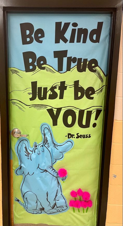 Dr Seuss Theme Week, School Door Ideas Classroom, Dr Seuss Reading Corner, Dr Seuss Library Decorations, Up Door Decorations Classroom, Dr Seuss Classroom Decor, Dr Seuss Classroom Theme Preschool, Classroom Door Ideas Reading, Kindness Doors For Classroom