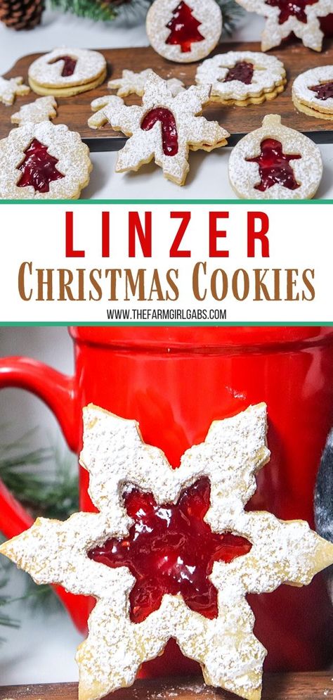 Christmas Cookies Jelly, Raspberry Almond Linzer Cookies, Christmas Cookies With Jam Filling, Strawberry Linzer Cookies, Jam Filled Christmas Cookies, Rasberry Christmas Cookies, Jelly Filled Christmas Cookies, Filled Cookies Recipes Holidays, Best Linzer Cookies Recipe