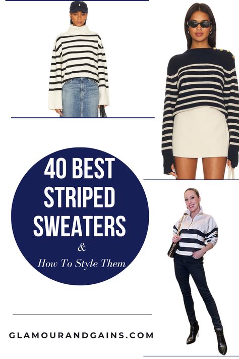 womens striped sweaters White And Blue Striped Sweater Outfit, Navy Stripes Outfit, Striped Sweater Outfit, Black Sweater Outfit, Spring Sweater Outfits, Striped Sweaters, Matching Top And Skirt, Parisian Chic Style, Navy Outfit