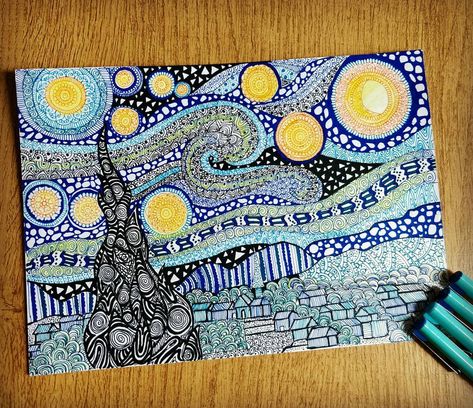 DAY 30 : My humble attempt to doodle The Starry Night painting by Vincent van Gogh. Have been at it since weekend,taking breaks as my eyes would take time getting adjusted to the real world after staring for too long at those doodles 😂 :-) Hope y'all like it! 💕💕 * * *  #100daysartchallenge #mandalatattoo #starrynight #zentangle  #zenart #mandalaslovers  #doodle #1msmallaccfeatureday #zenartfeatures #love #zcfeatureweek10 #artoftheday #picoftheday #beautiful #vincentvangogh #mandala #amazingst The Starry Night Painting, Aesthetic Sketch, Starry Night Painting, Starry Nights, The Starry Night, Hand Lettering Tutorial, Pretty Pics, Starry Night Van Gogh, Night Painting