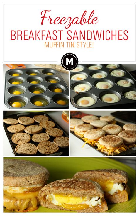 Muffin Tin Breakfast Sandwiches! Make 12 eggs in a muffin tin and they fit perfectly on English muffins for breakfast sandwiches. Freeze them for later! Freezable Breakfast Sandwiches, Muffin Tin Breakfast, Freezable Breakfast, Sandwiches Breakfast, Breakfast Cheese, Sandwich Wrap, Sandwich Bar, Frozen Breakfast, Cheese Breakfast