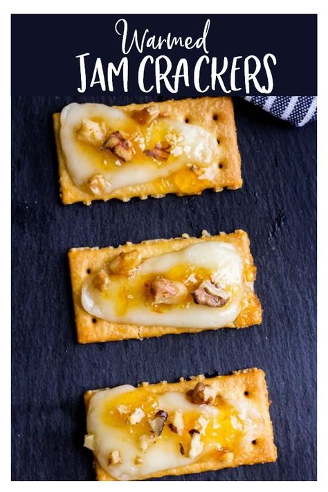 These Jam Crackers are topped with Asiago fresco cheese, apricot jam, and walnuts. They are warmed in the oven for a few minutes to create the most delicious quick and easy appetizer or snack recipe. | #jamcrackers #crackerappetizers #appetizers #crackers #appetizerrecipes Crackers Cheese And Jam, Fancy Cheese And Crackers, Jam For Cheese Board, Cheese And Cracker Pairings, Sargento Cheese Crackers, Baby Shower Food Ideas, Fresco Cheese, Shower Food Ideas, Beef Appetizers